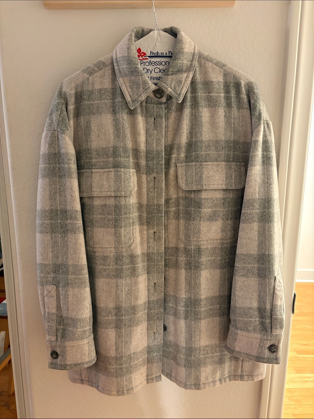 Vince Gray Cream Plaid Wool-Blend Overshirt